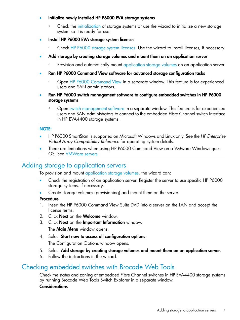 Adding storage to application servers, Checking embedded switches with brocade web tools | HP Command View EVA Software User Manual | Page 7 / 45