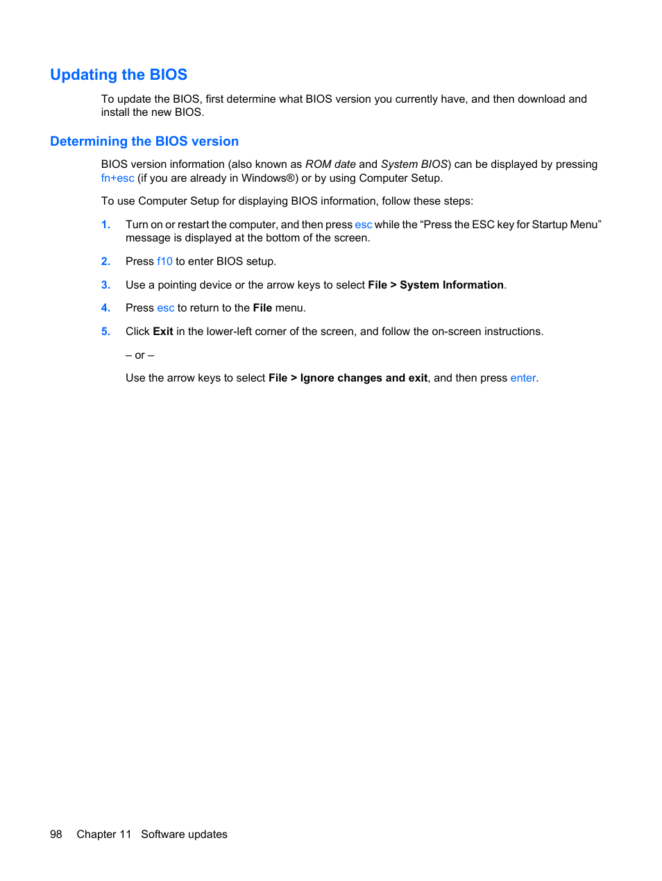 Updating the bios, Determining the bios version | HP Mini 5102 User Manual | Page 108 / 130