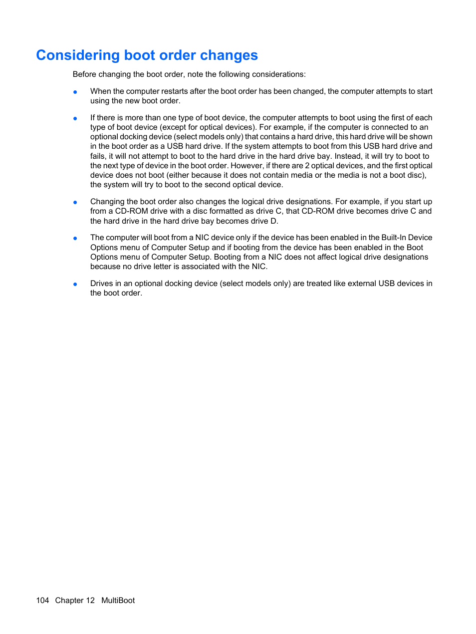Considering boot order changes | HP Mini 5102 User Manual | Page 114 / 130