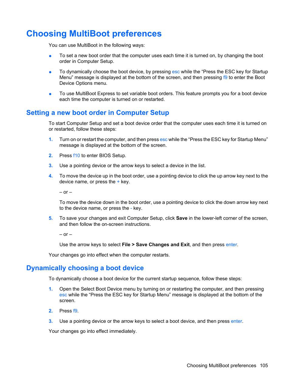 Choosing multiboot preferences, Setting a new boot order in computer setup, Dynamically choosing a boot device | HP Mini 5102 User Manual | Page 115 / 130