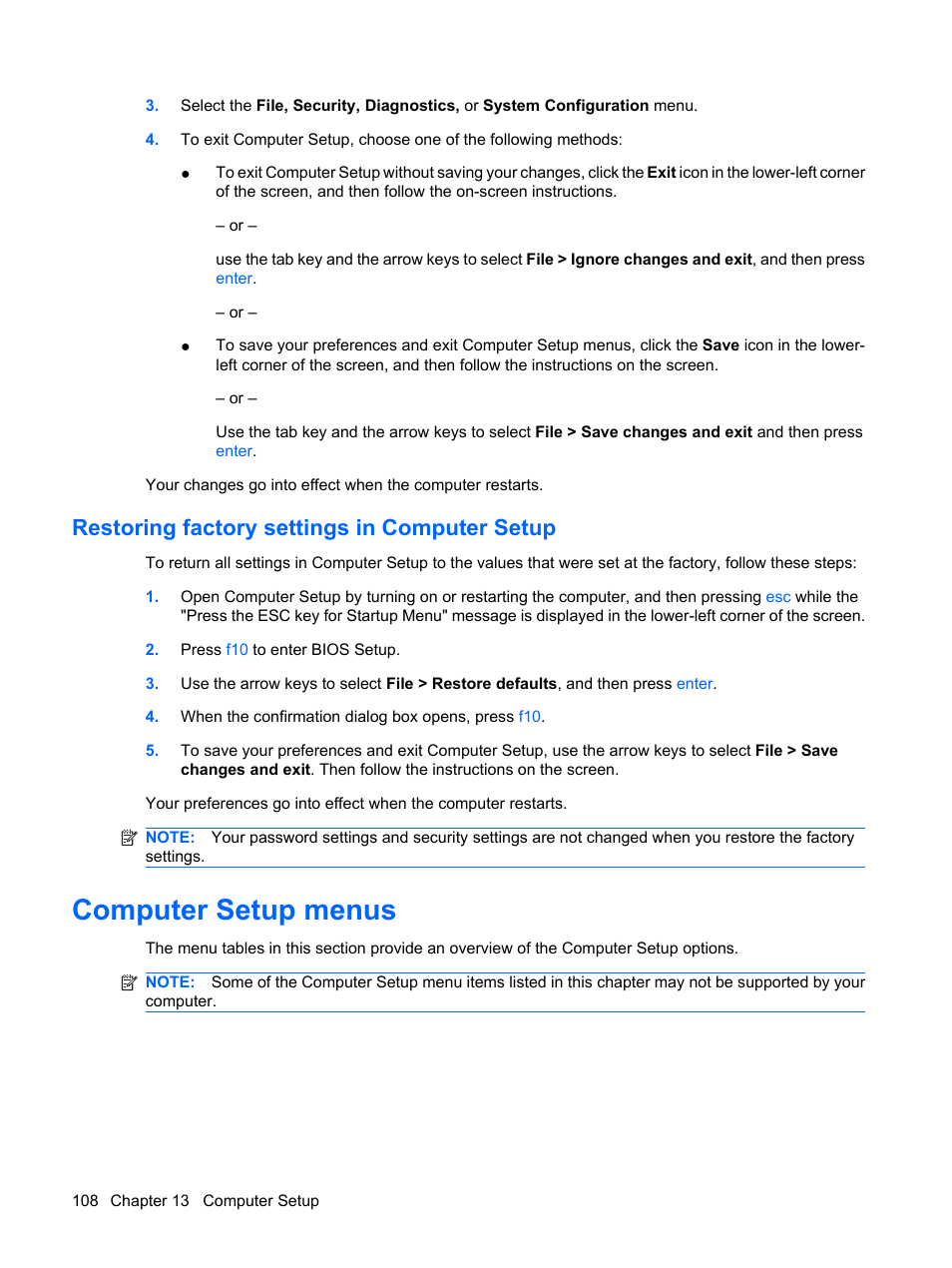 Restoring factory settings in computer setup, Computer setup menus | HP Mini 5102 User Manual | Page 118 / 130