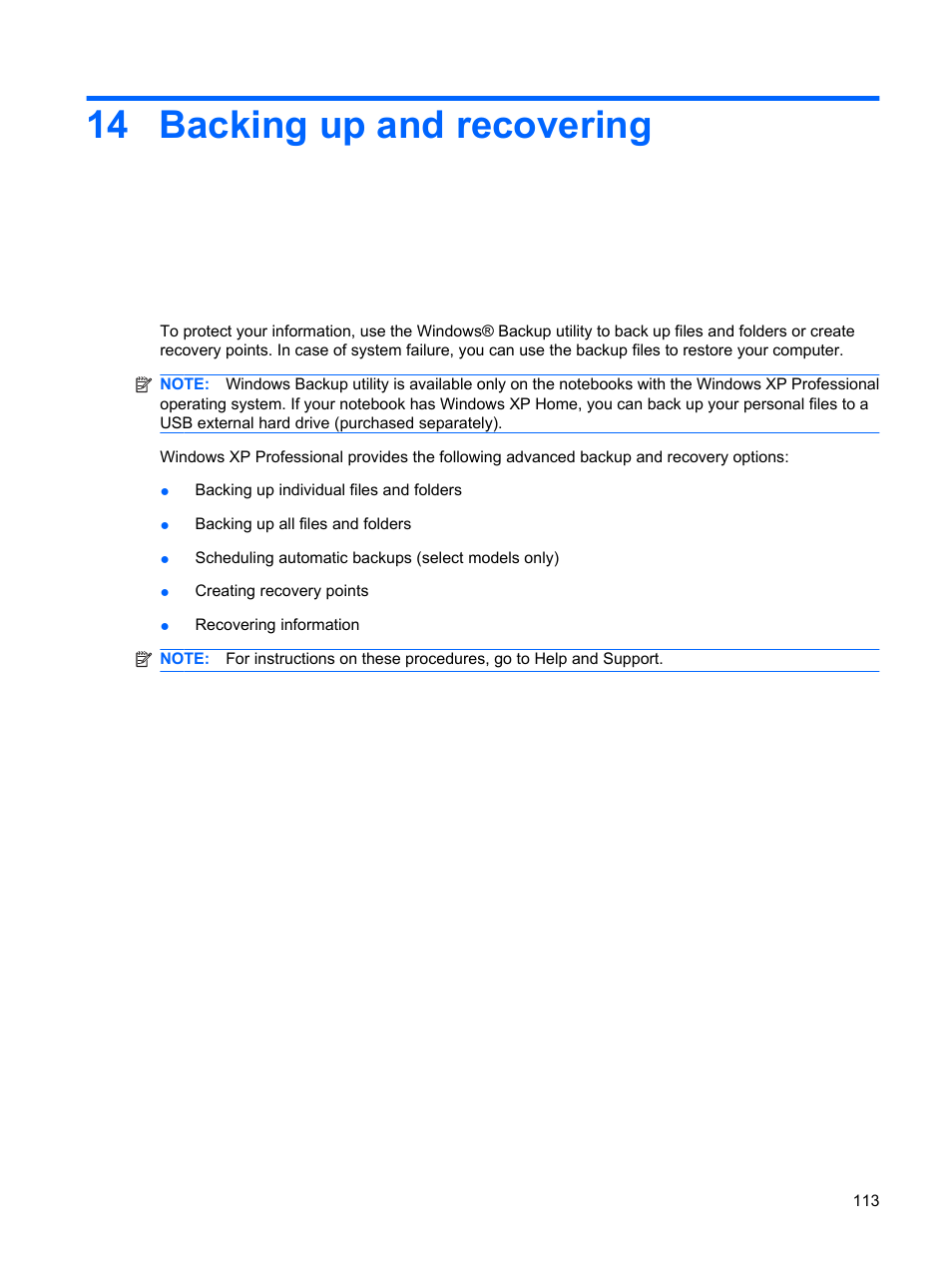Backing up and recovering, 14 backing up and recovering | HP Mini 5102 User Manual | Page 123 / 130
