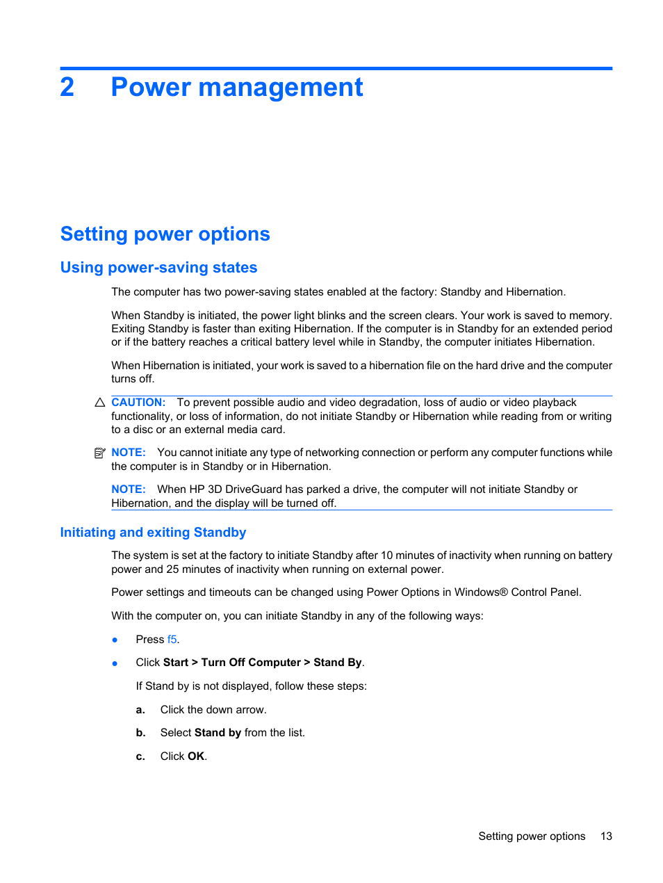 Power management, Setting power options, Using power-saving states | Initiating and exiting standby, 2 power management, 2power management | HP Mini 5102 User Manual | Page 23 / 130
