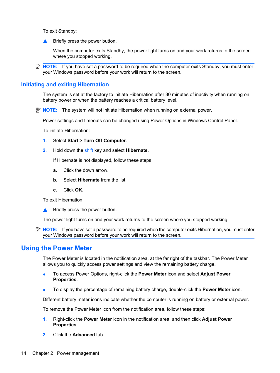 Initiating and exiting hibernation, Using the power meter | HP Mini 5102 User Manual | Page 24 / 130