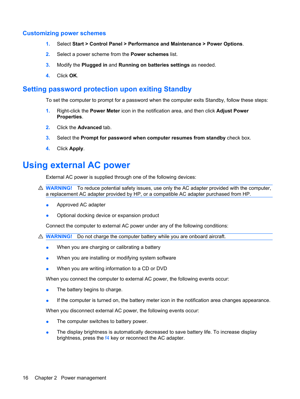 Customizing power schemes, Setting password protection upon exiting standby, Using external ac power | HP Mini 5102 User Manual | Page 26 / 130