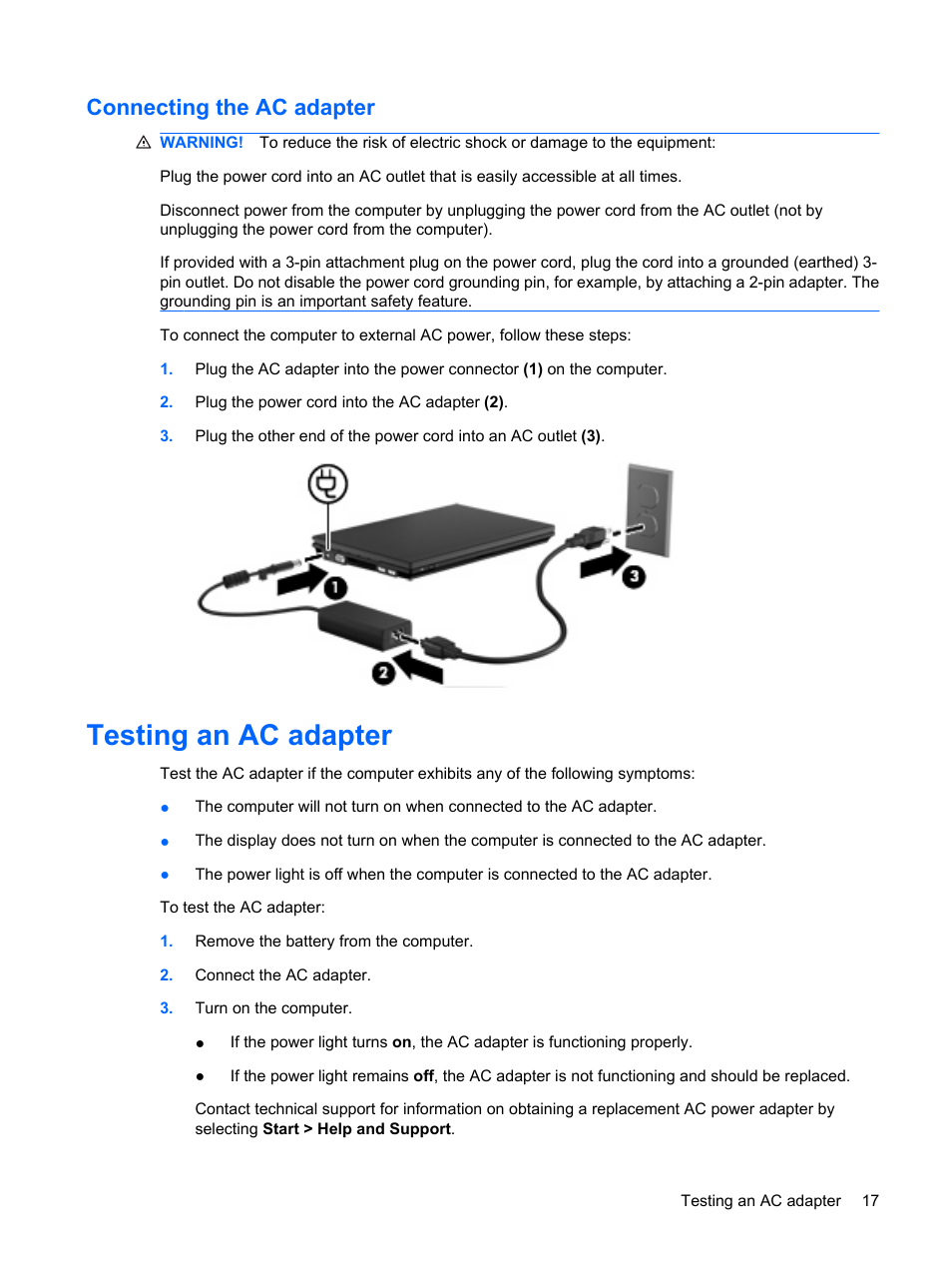 Connecting the ac adapter, Testing an ac adapter | HP Mini 5102 User Manual | Page 27 / 130