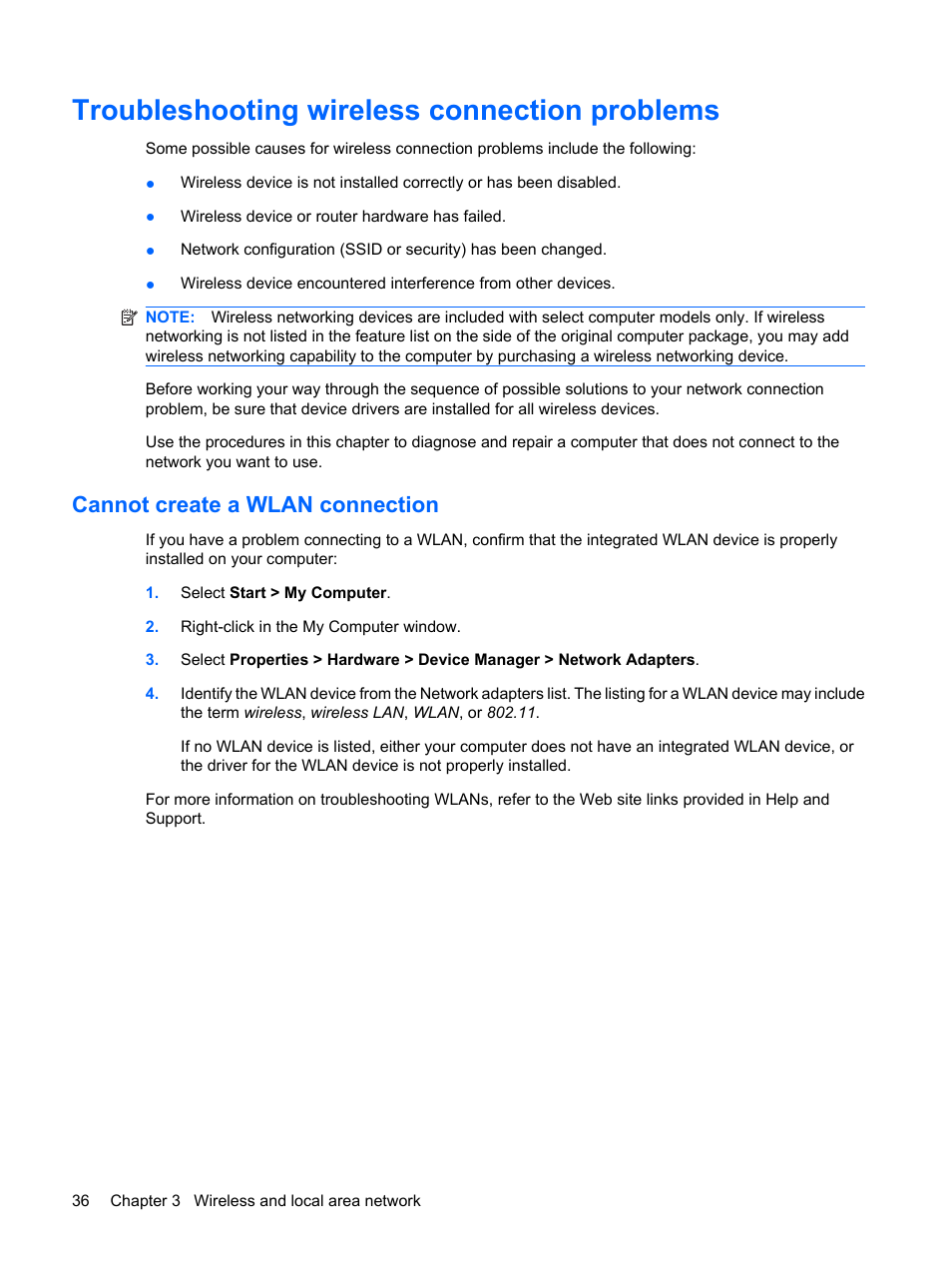 Troubleshooting wireless connection problems, Cannot create a wlan connection | HP Mini 5102 User Manual | Page 46 / 130