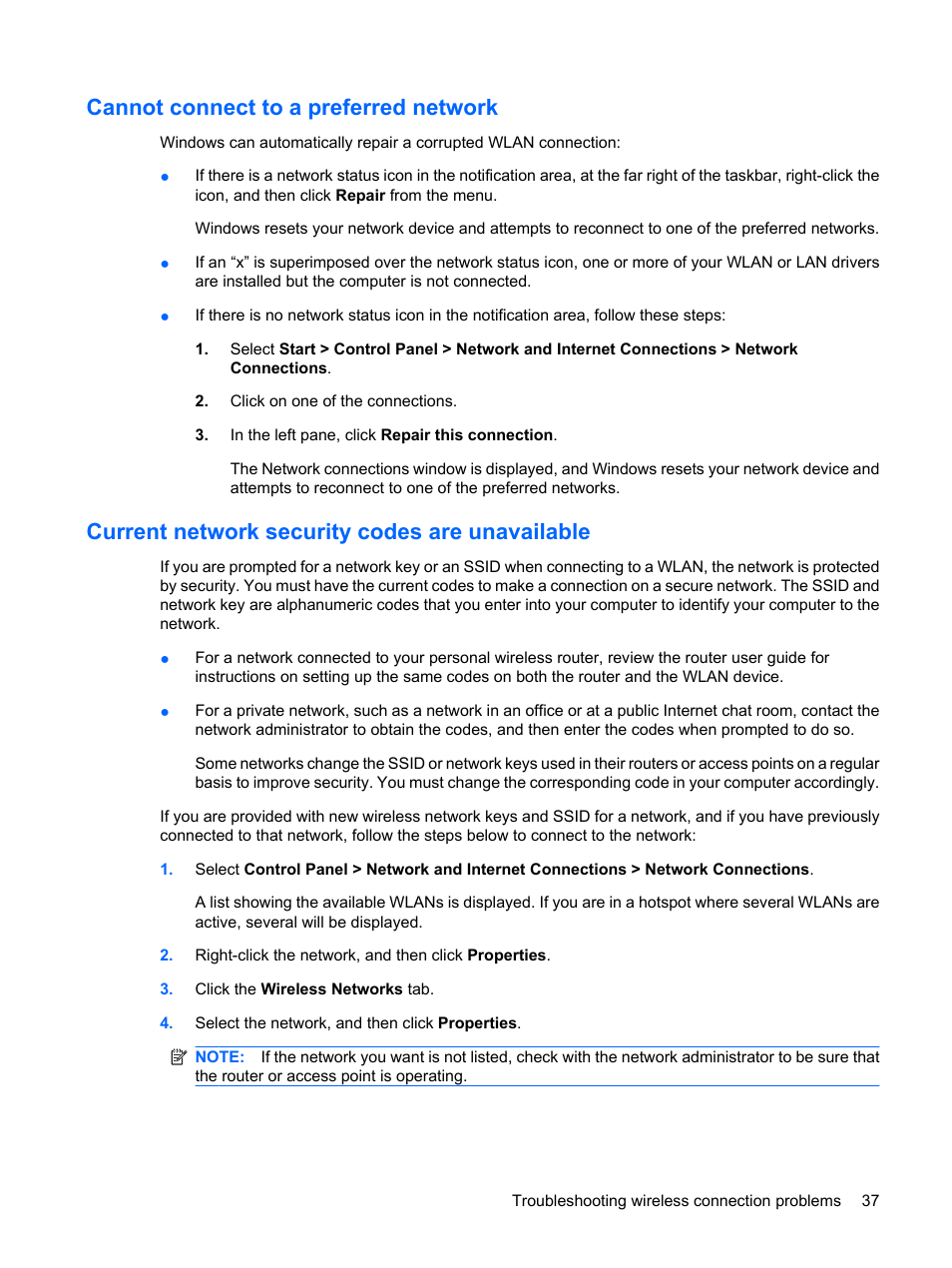 Cannot connect to a preferred network, Current network security codes are unavailable | HP Mini 5102 User Manual | Page 47 / 130