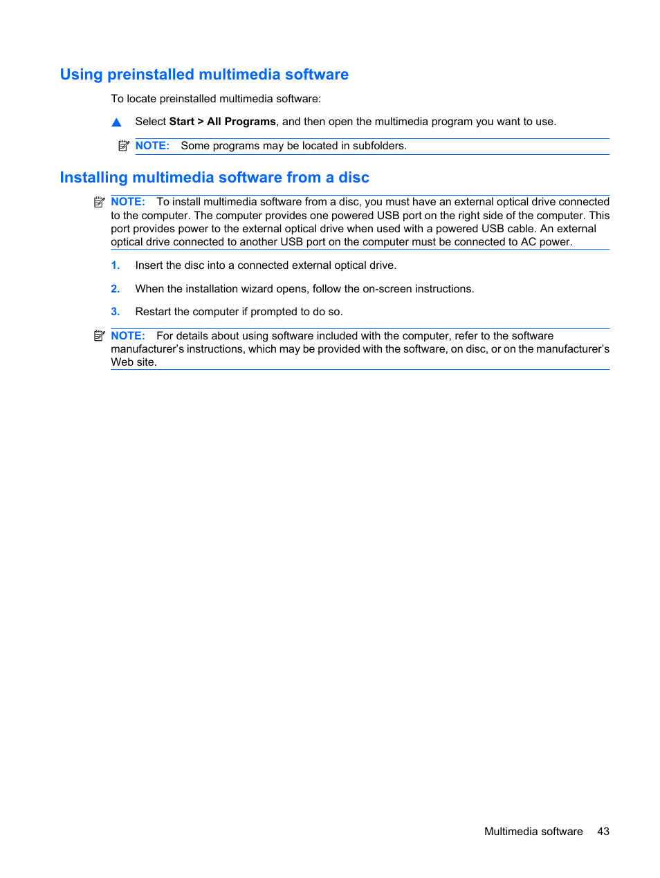 Using preinstalled multimedia software, Installing multimedia software from a disc | HP Mini 5102 User Manual | Page 53 / 130