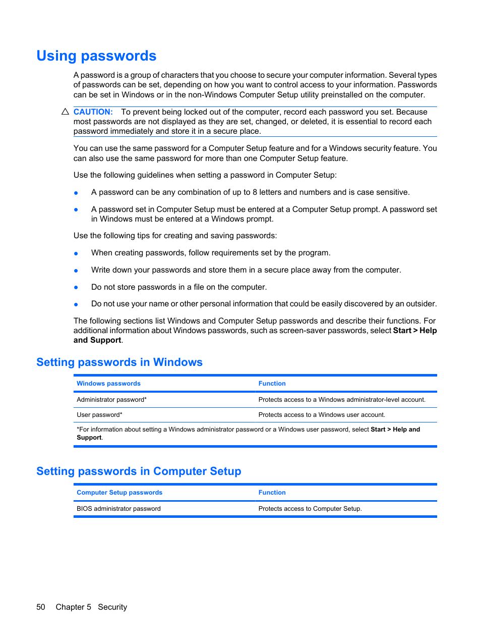 Using passwords, Setting passwords in windows, Setting passwords in computer setup | HP Mini 5102 User Manual | Page 60 / 130