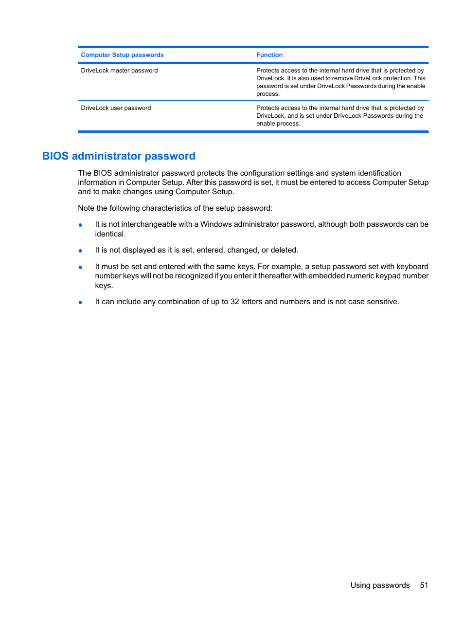 Bios administrator password | HP Mini 5102 User Manual | Page 61 / 130