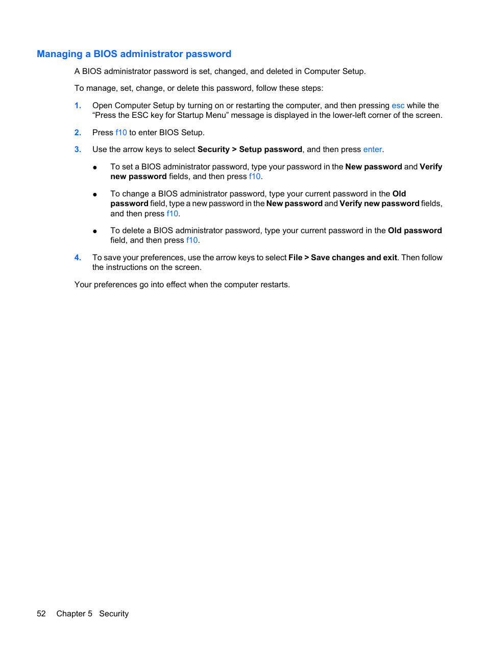 Managing a bios administrator password | HP Mini 5102 User Manual | Page 62 / 130