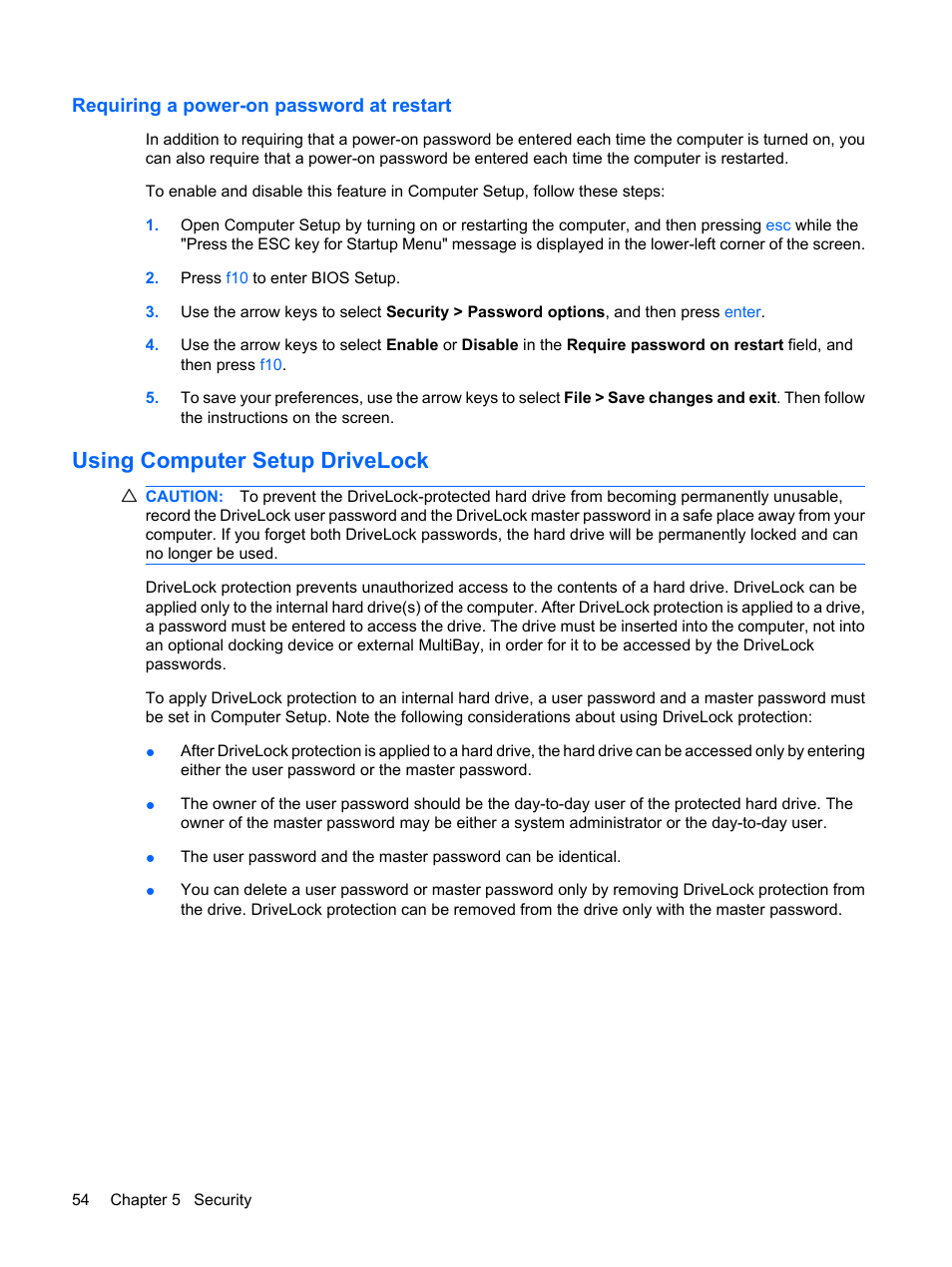 Requiring a power-on password at restart, Using computer setup drivelock | HP Mini 5102 User Manual | Page 64 / 130