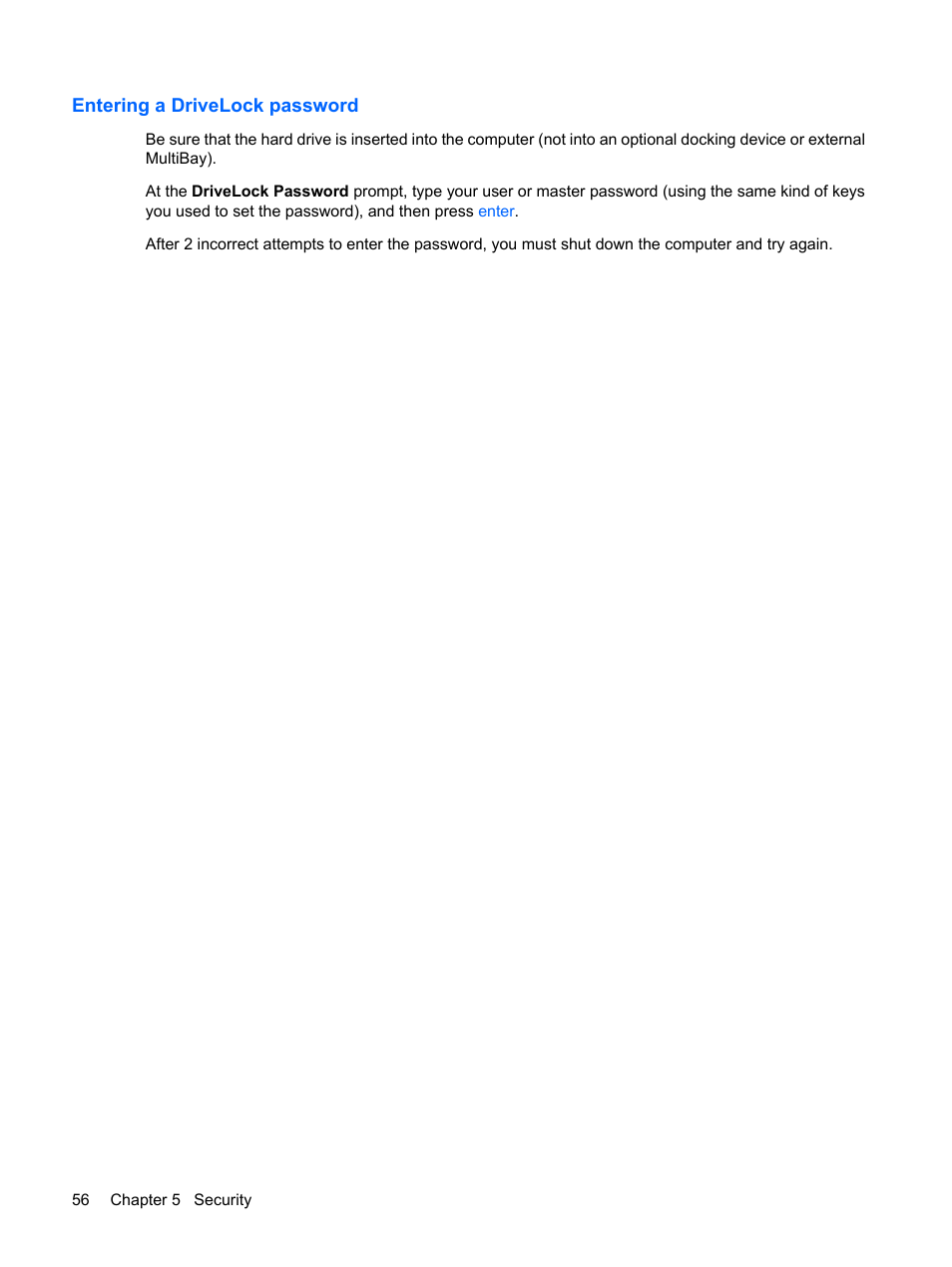 Entering a drivelock password | HP Mini 5102 User Manual | Page 66 / 130