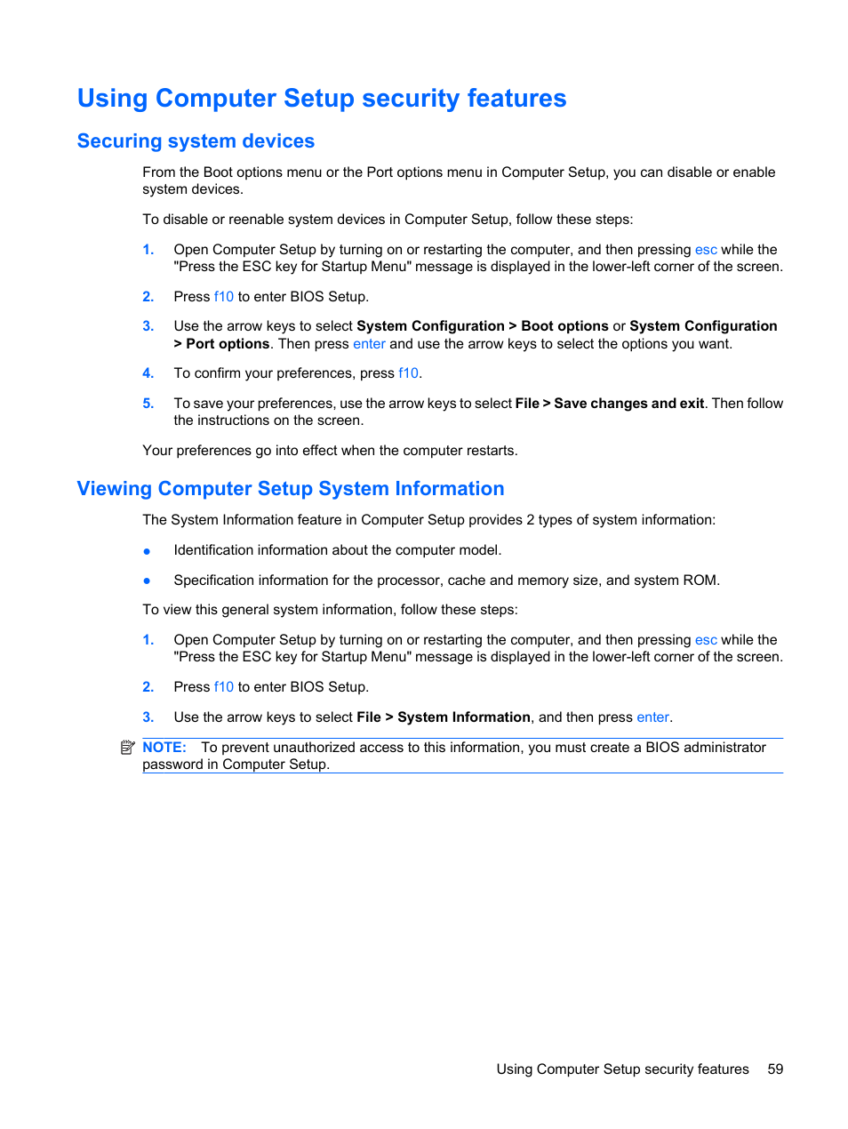 Using computer setup security features, Securing system devices, Viewing computer setup system information | HP Mini 5102 User Manual | Page 69 / 130