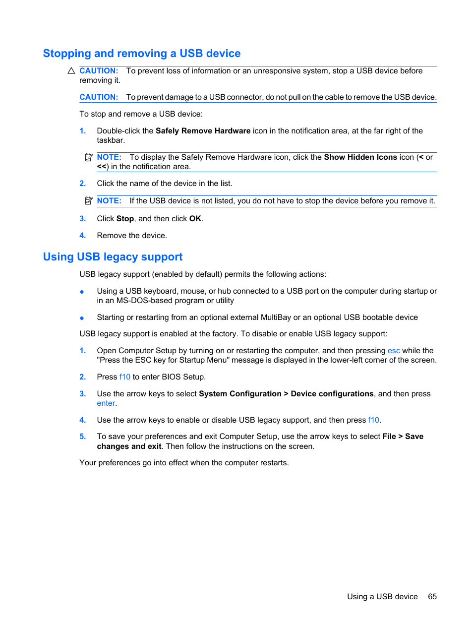 Stopping and removing a usb device, Using usb legacy support | HP Mini 5102 User Manual | Page 75 / 130