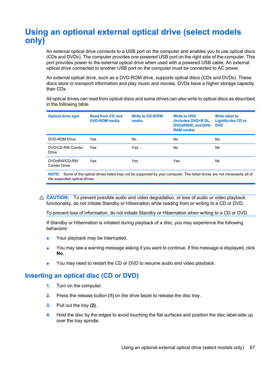 Inserting an optical disc (cd or dvd) | HP Mini 5102 User Manual | Page 77 / 130