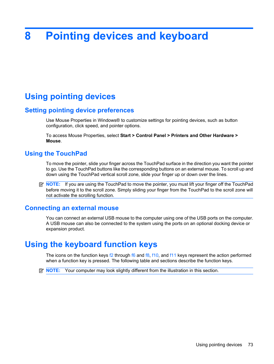 Pointing devices and keyboard, Using pointing devices, Setting pointing device preferences | Using the touchpad, Connecting an external mouse, Using the keyboard function keys, 8 pointing devices and keyboard, 8pointing devices and keyboard | HP Mini 5102 User Manual | Page 83 / 130