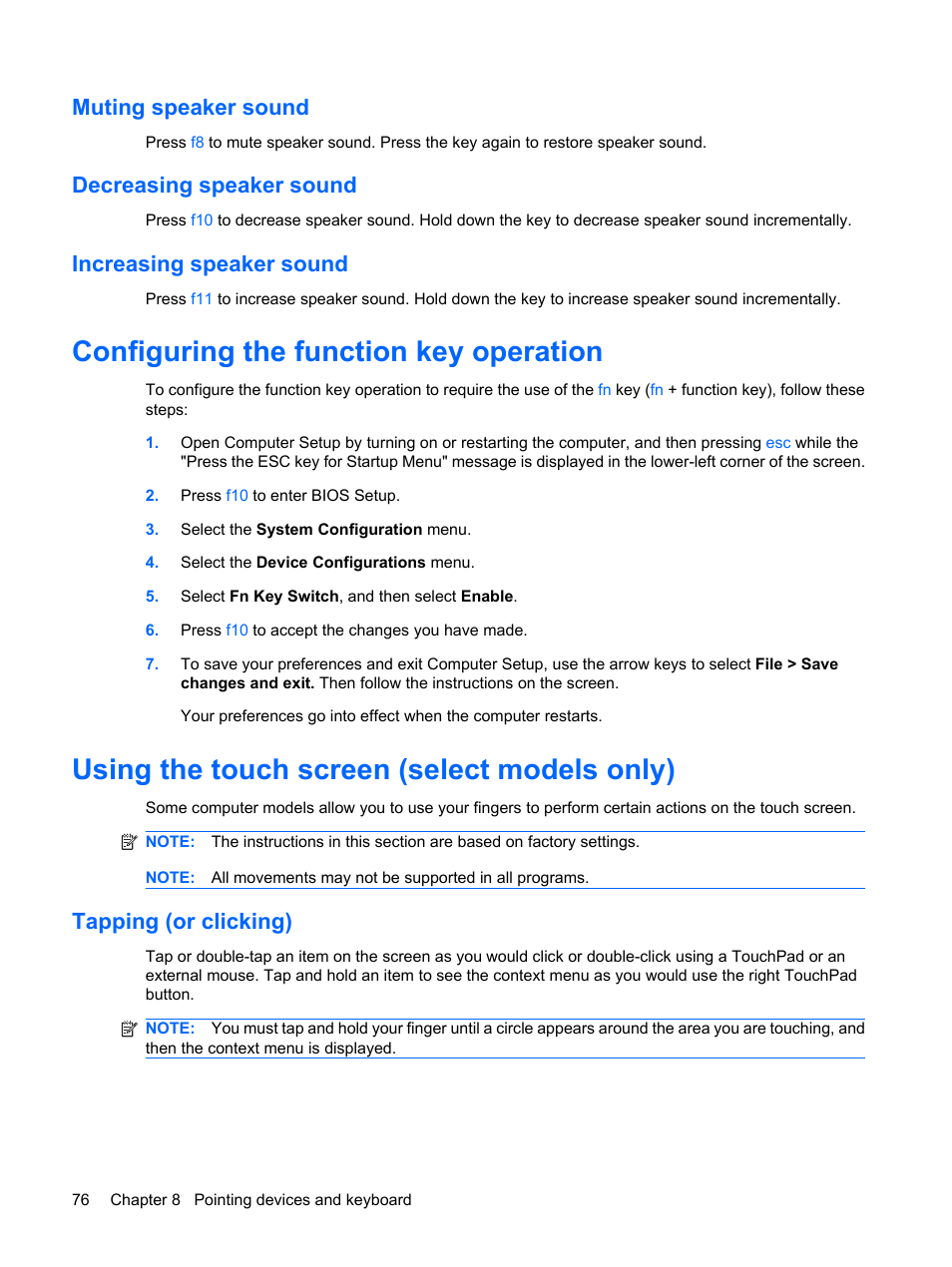 Muting speaker sound, Decreasing speaker sound, Increasing speaker sound | Configuring the function key operation, Using the touch screen (select models only), Tapping (or clicking) | HP Mini 5102 User Manual | Page 86 / 130