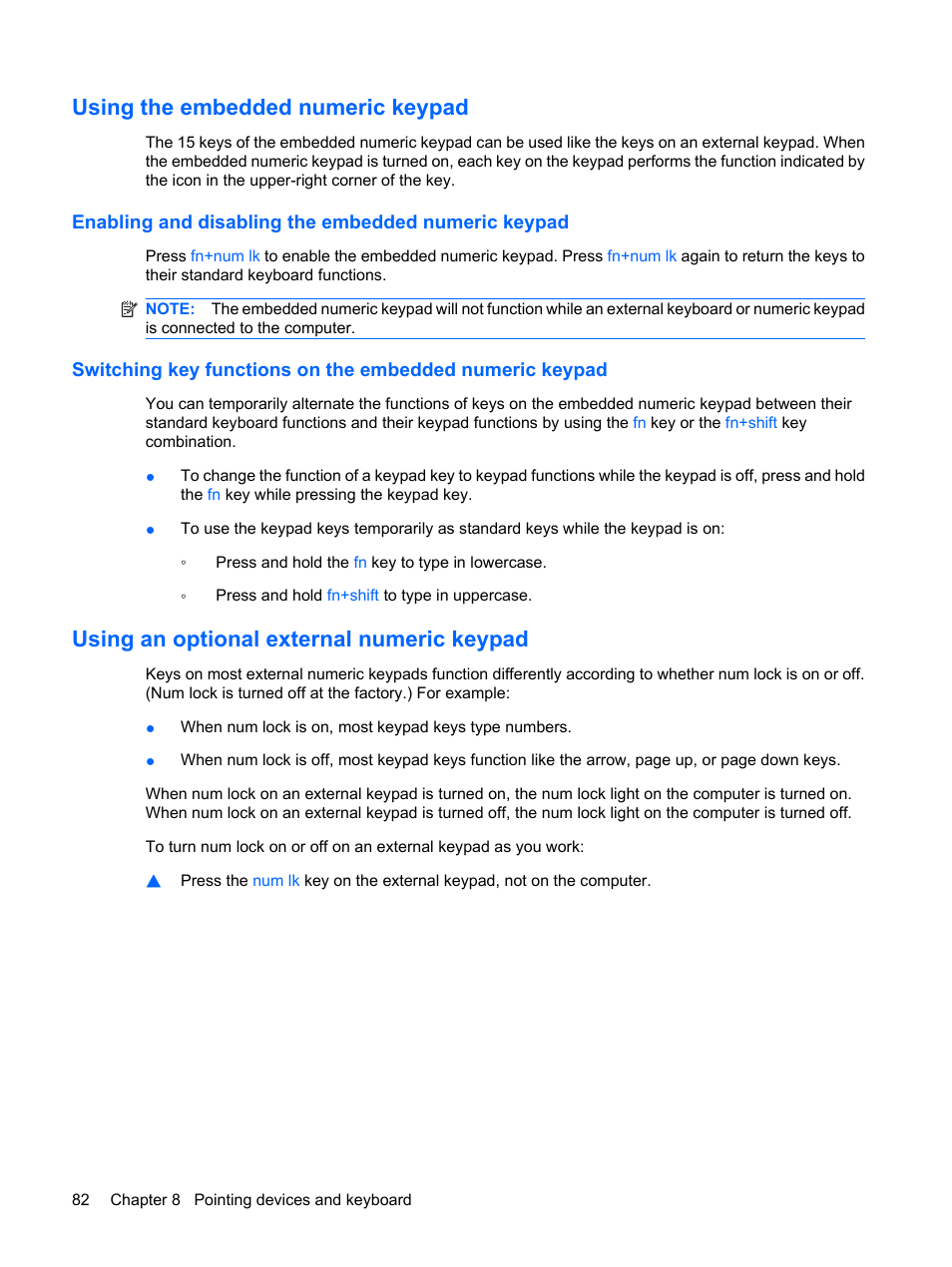 Using the embedded numeric keypad, Enabling and disabling the embedded numeric keypad, Using an optional external numeric keypad | HP Mini 5102 User Manual | Page 92 / 130