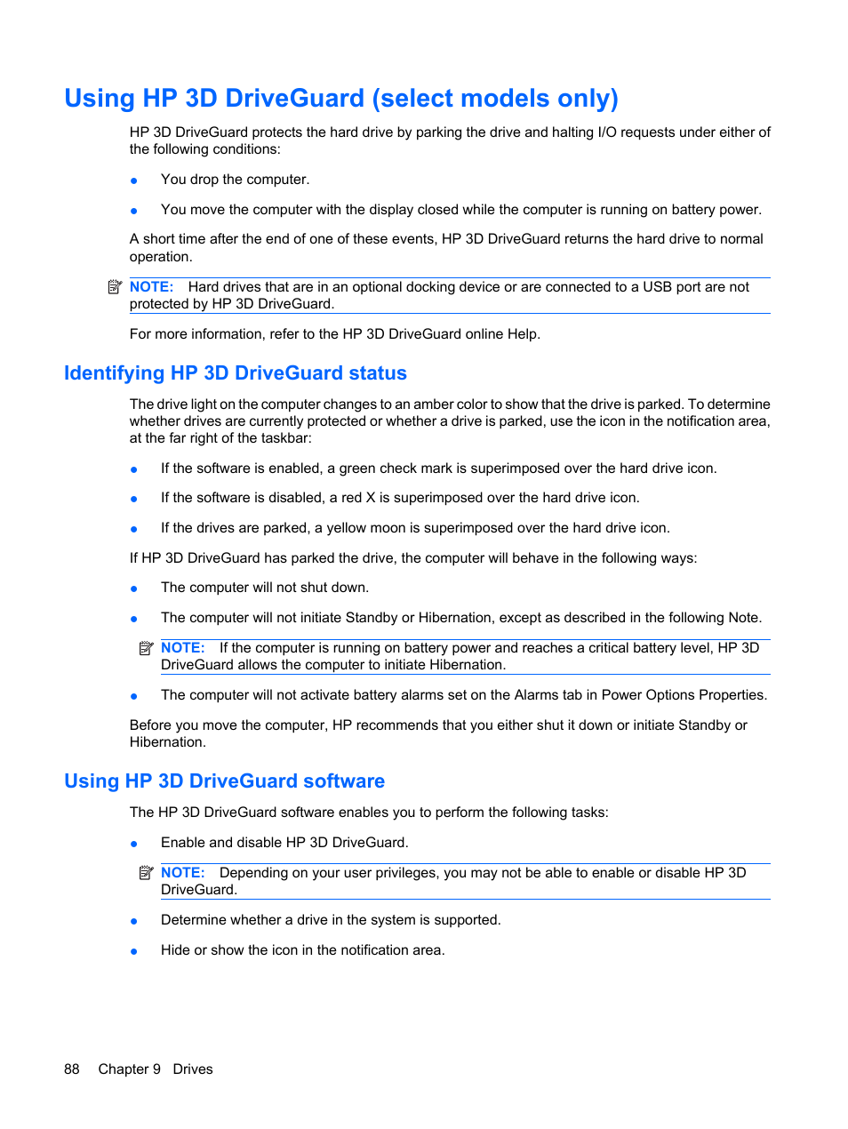 Using hp 3d driveguard (select models only), Identifying hp 3d driveguard status, Using hp 3d driveguard software | HP Mini 5102 User Manual | Page 98 / 130