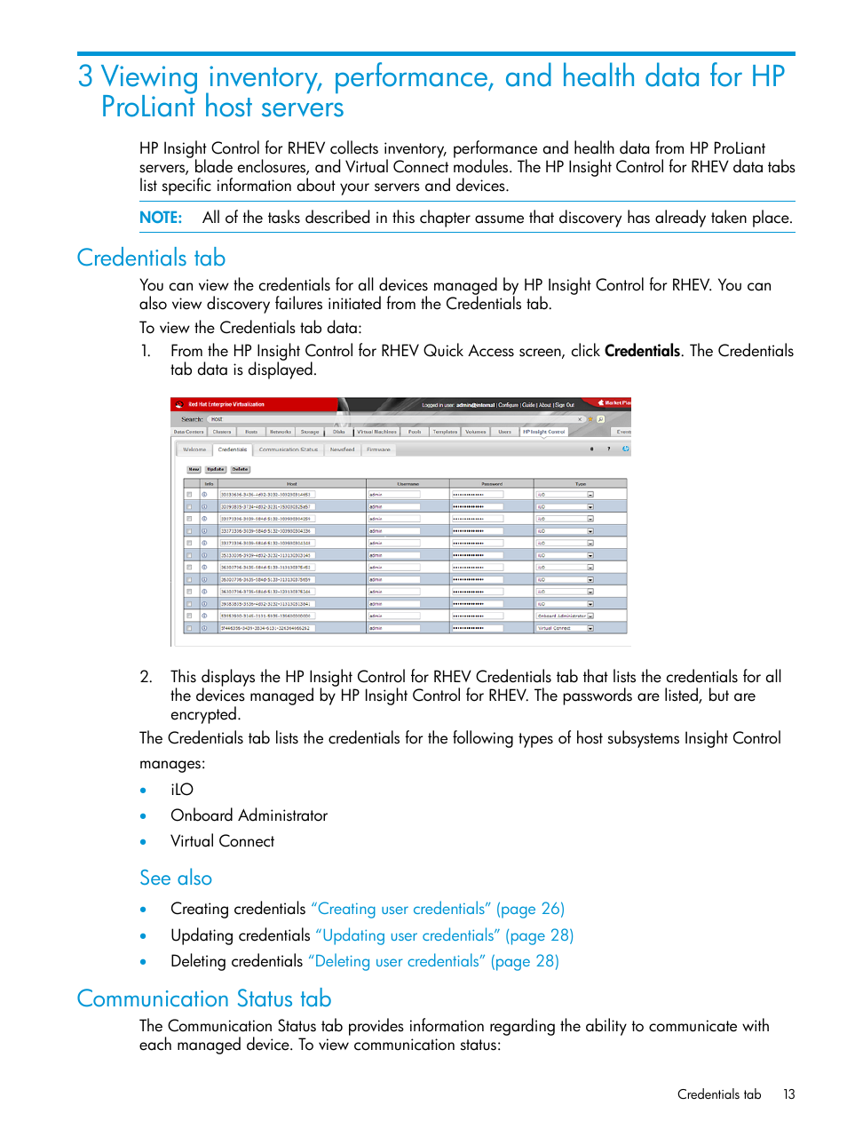 Credentials tab, Communication status tab, Credentials tab communication status tab | See also | HP OneView for Red Hat Enterprise Virtualization User Manual | Page 13 / 42