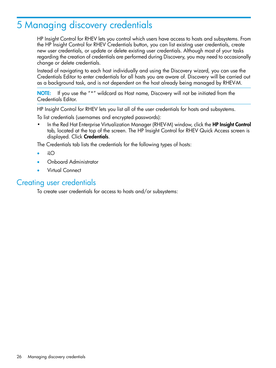 5 managing discovery credentials, Creating user credentials | HP OneView for Red Hat Enterprise Virtualization User Manual | Page 26 / 42