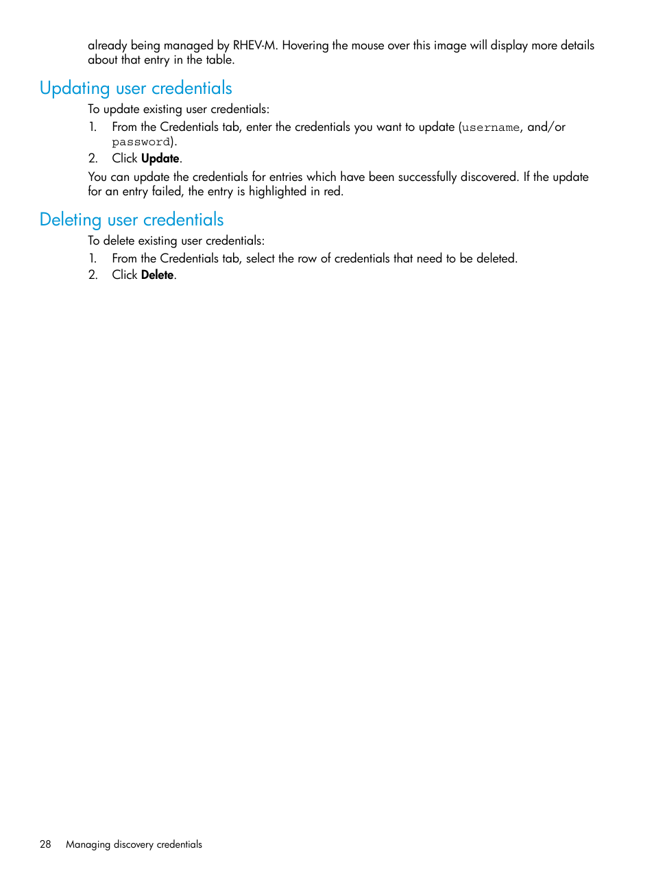 Updating user credentials, Deleting user credentials | HP OneView for Red Hat Enterprise Virtualization User Manual | Page 28 / 42