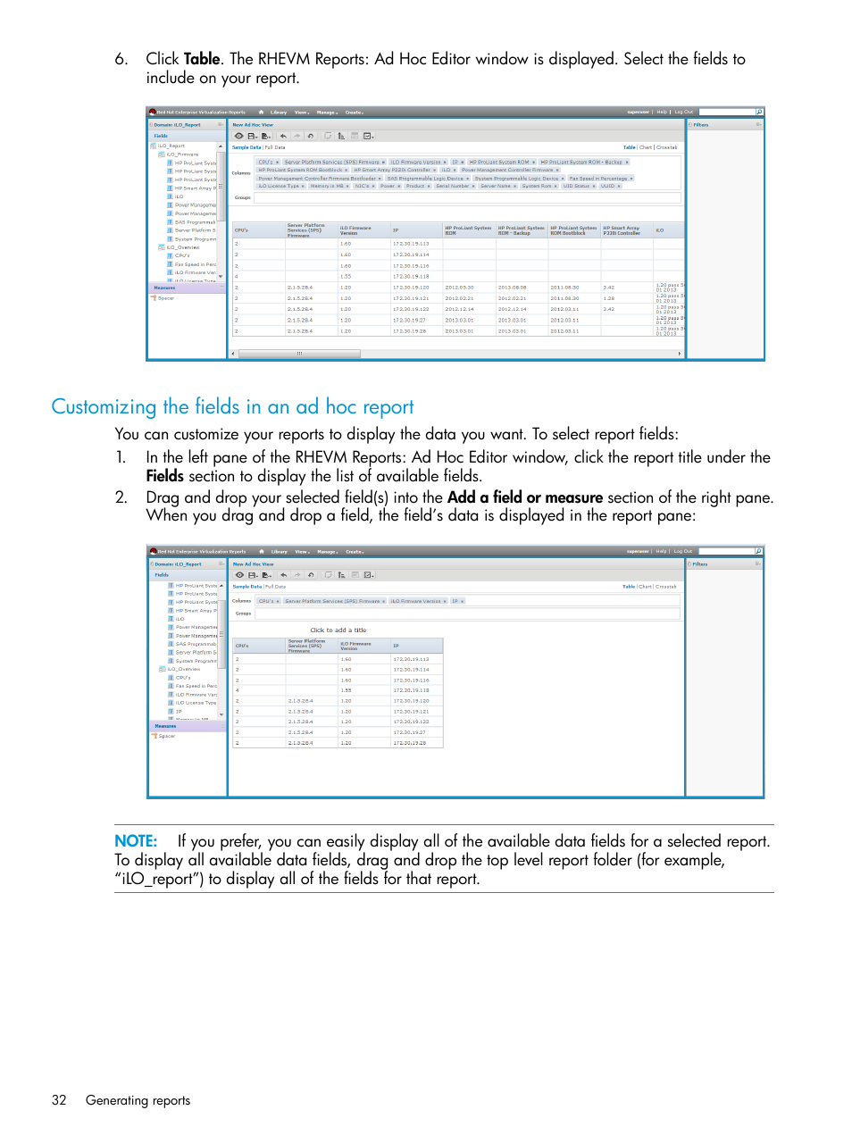 Customizing the fields in an ad hoc report | HP OneView for Red Hat Enterprise Virtualization User Manual | Page 32 / 42