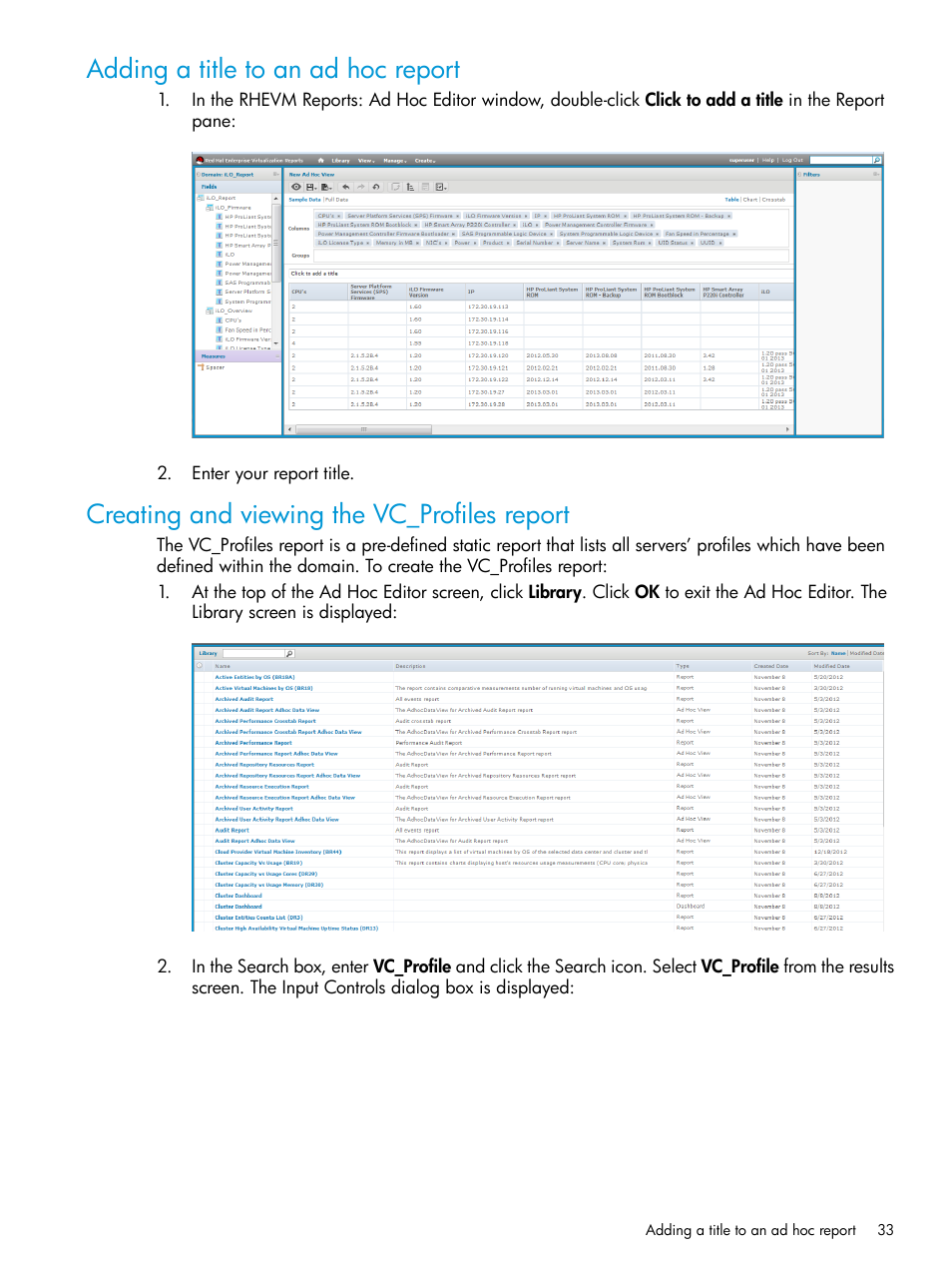 Adding a title to an ad hoc report, Creating and viewing the vc_profiles report | HP OneView for Red Hat Enterprise Virtualization User Manual | Page 33 / 42