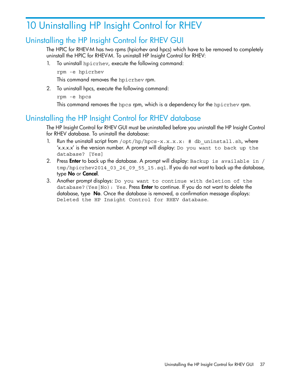 10 uninstalling hp insight control for rhev, Uninstalling the hp insight control for rhev gui | HP OneView for Red Hat Enterprise Virtualization User Manual | Page 37 / 42