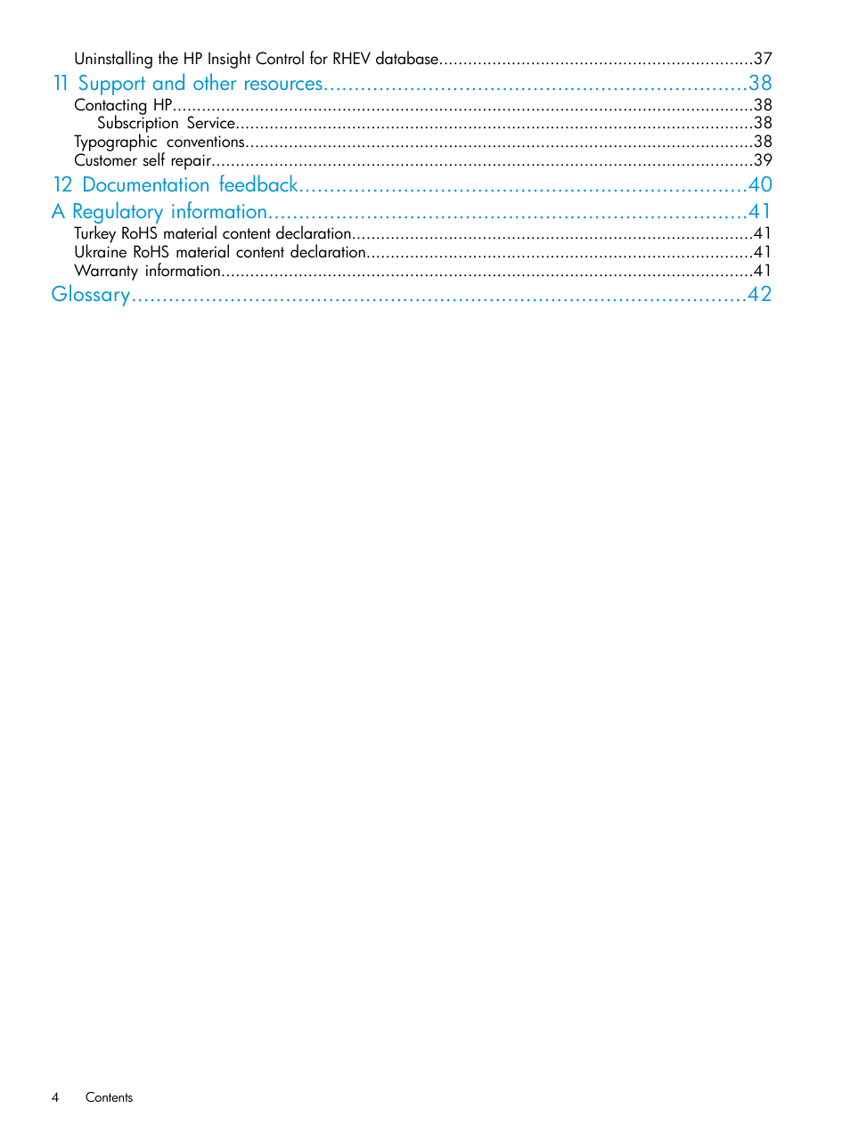 11 support and other resources, 12 documentation feedback a regulatory information, Glossary | HP OneView for Red Hat Enterprise Virtualization User Manual | Page 4 / 42