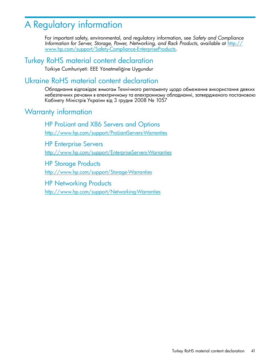 A regulatory information, Turkey rohs material content declaration, Ukraine rohs material content declaration | Warranty information | HP OneView for Red Hat Enterprise Virtualization User Manual | Page 41 / 42