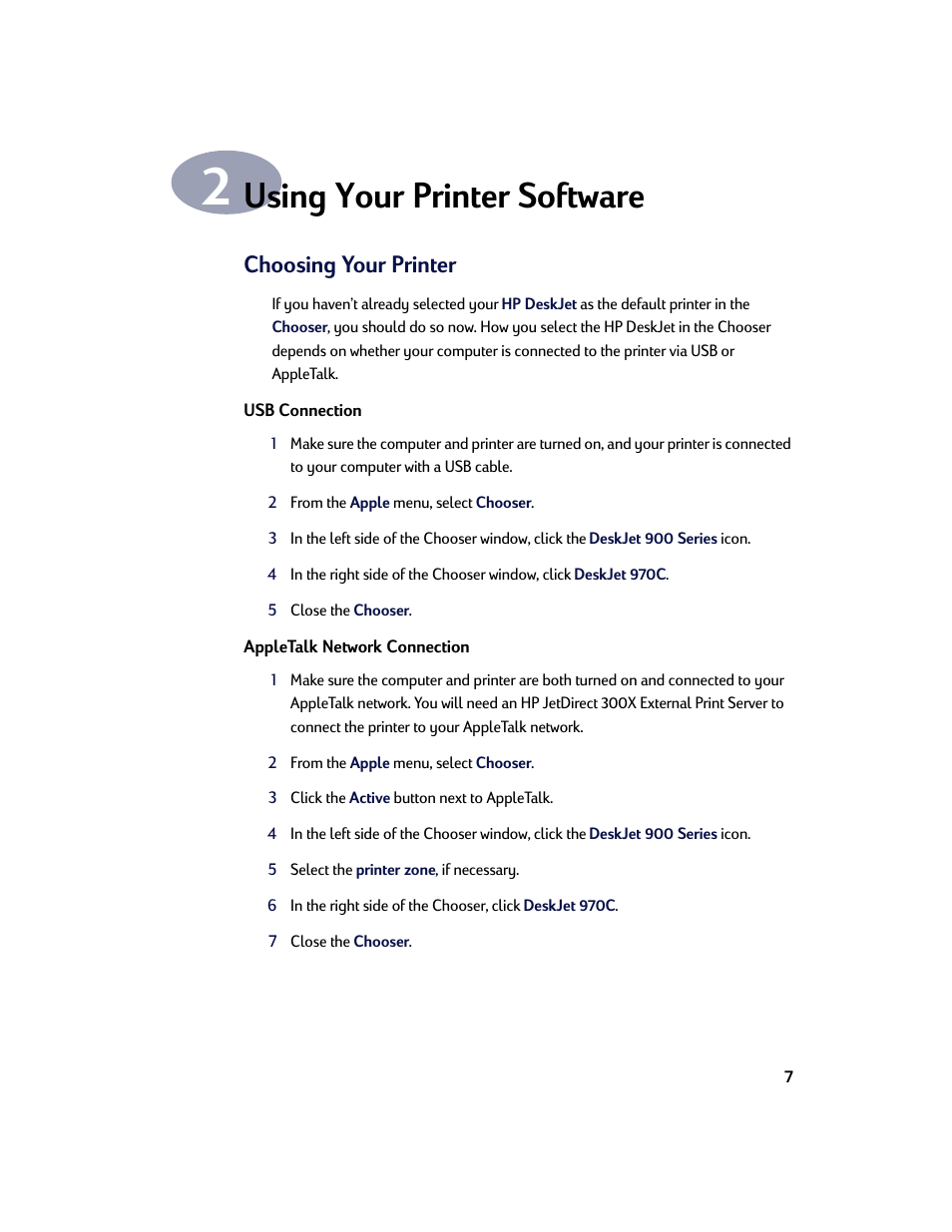 Using your printer software, Choosing your printer, Usb connection | Appletalk network connection, Chapter 2 | HP Deskjet 970cxi Printer User Manual | Page 14 / 74