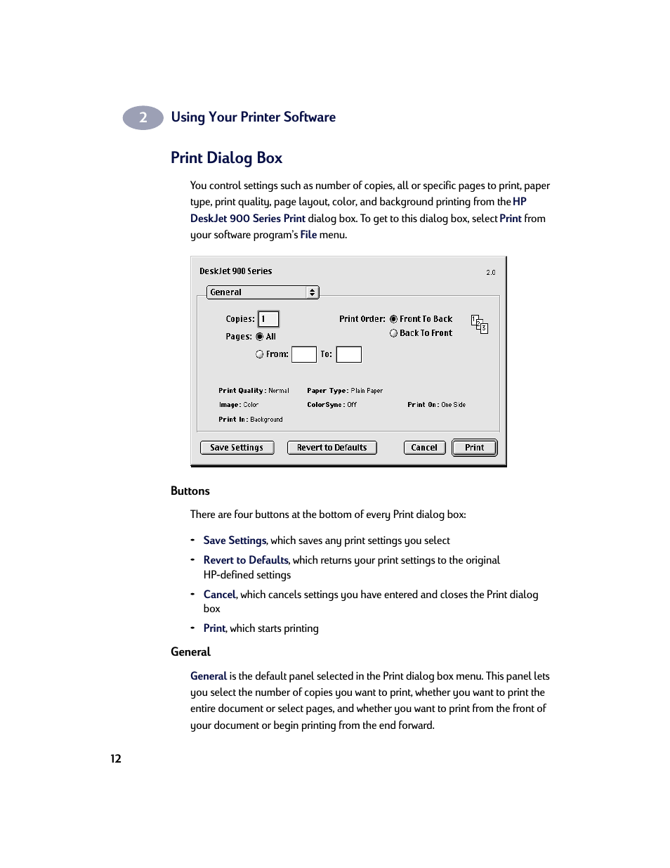 Print dialog box, Buttons, General | HP Deskjet 970cxi Printer User Manual | Page 19 / 74