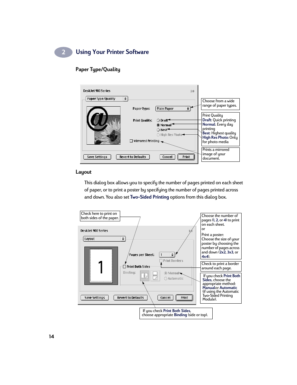 Paper type/quality, Layout, Using your printer software | HP Deskjet 970cxi Printer User Manual | Page 21 / 74