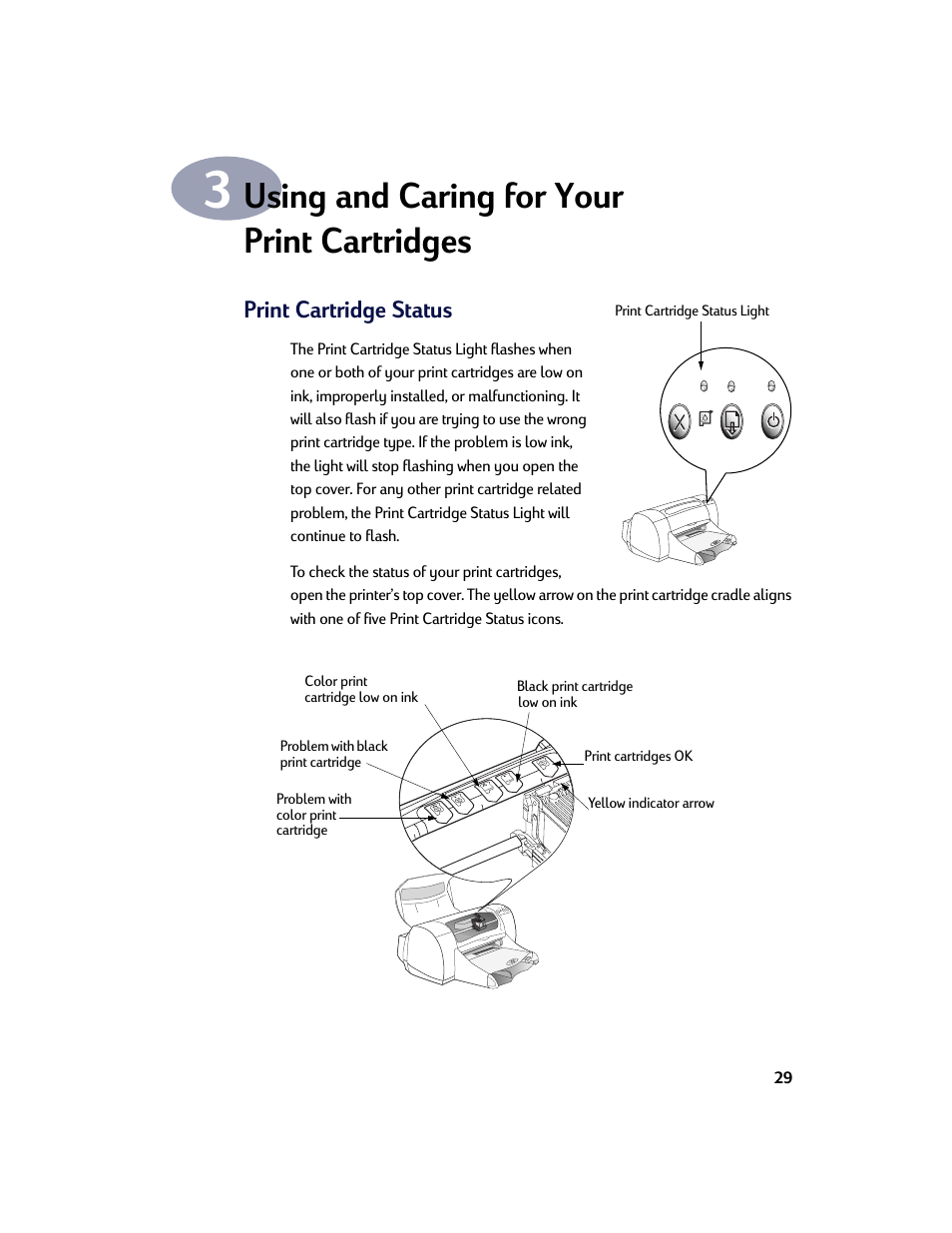 Using and caring for your print cartridges, Print cartridge status, Chapter 3 | Using and caring for your, Print cartridges | HP Deskjet 970cxi Printer User Manual | Page 36 / 74