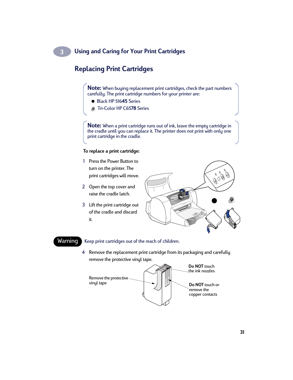 Replacing print cartridges, Using and caring for your print cartridges, Warning | HP Deskjet 970cxi Printer User Manual | Page 38 / 74