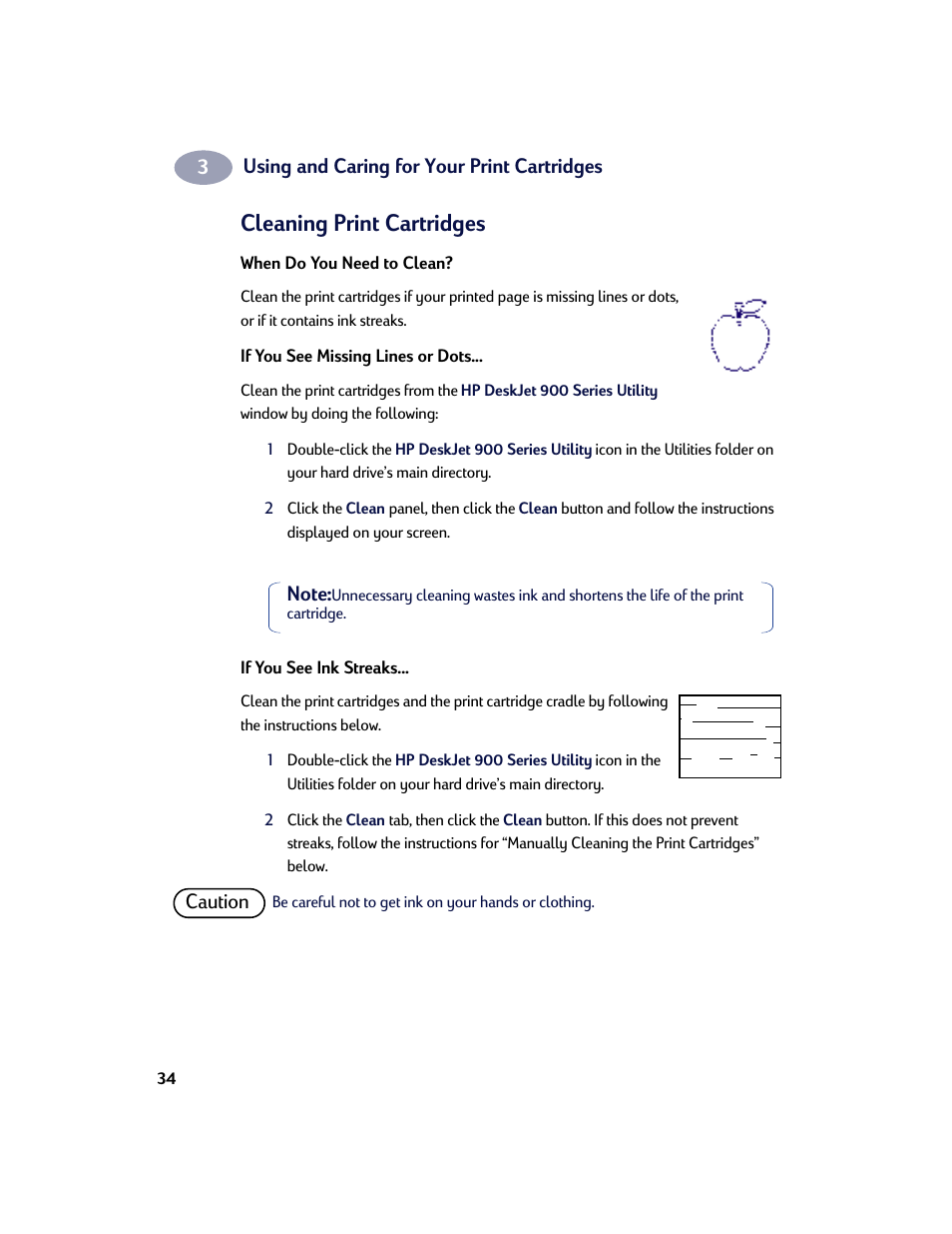 Cleaning print cartridges, When do you need to clean, If you see missing lines or dots | If you see ink streaks | HP Deskjet 970cxi Printer User Manual | Page 41 / 74