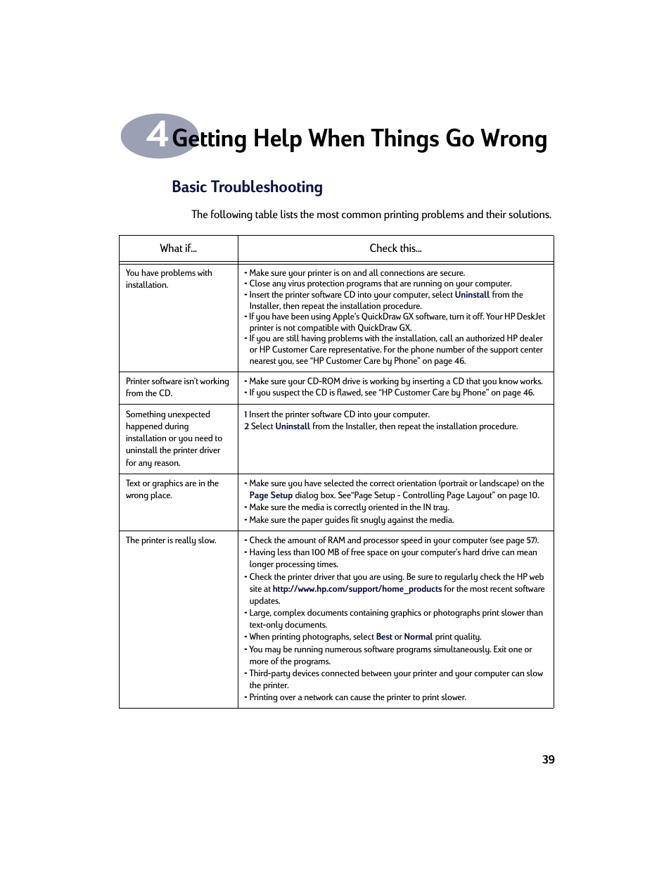 Getting help when things go wrong, Basic troubleshooting, Chapter 4 | HP Deskjet 970cxi Printer User Manual | Page 46 / 74