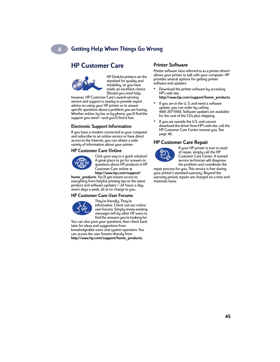 Hp customer care, Getting help when things go wrong | HP Deskjet 970cxi Printer User Manual | Page 52 / 74