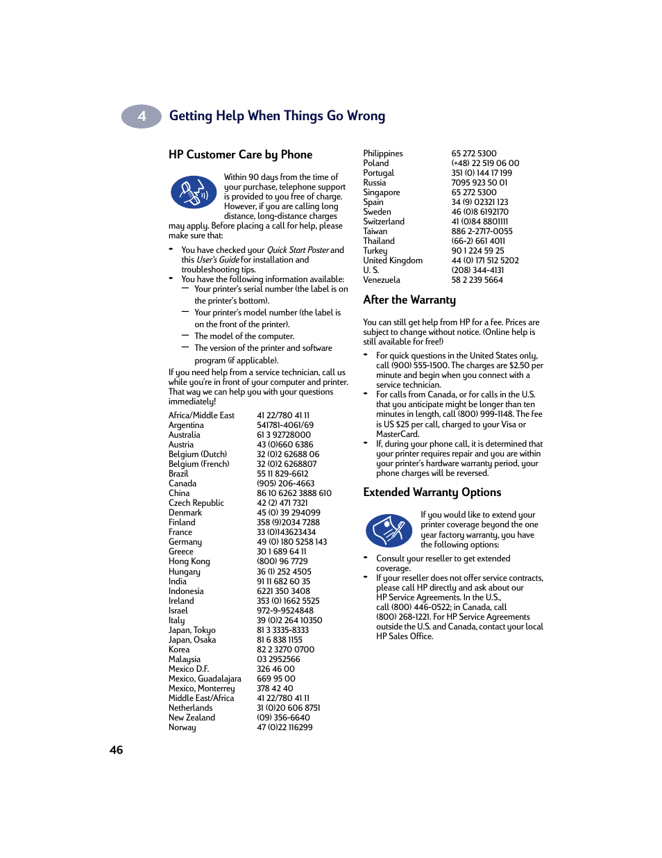 Hp customer care by phone, After the warranty, Extended warranty options | Getting help when things go wrong | HP Deskjet 970cxi Printer User Manual | Page 53 / 74