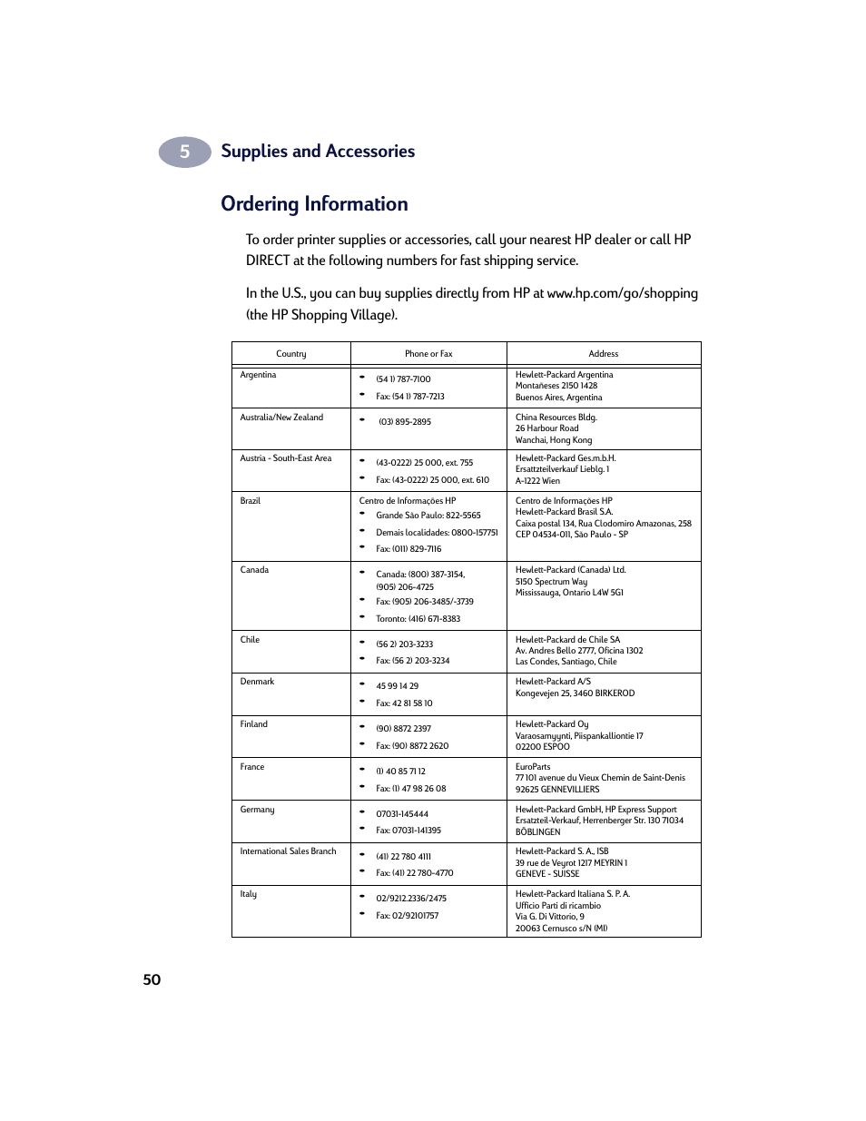 Ordering information, Supplies and accessories | HP Deskjet 970cxi Printer User Manual | Page 57 / 74