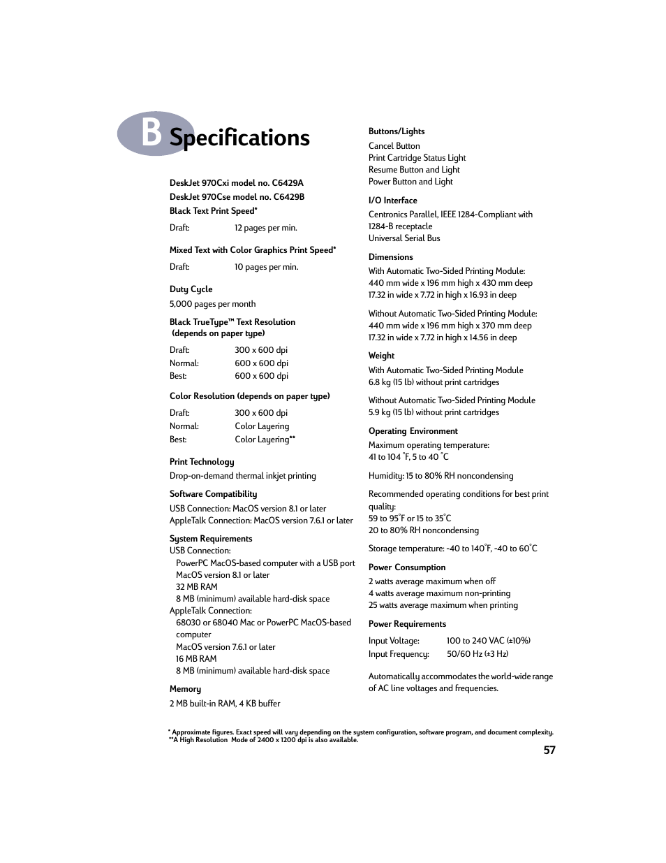 Specifications | HP Deskjet 970cxi Printer User Manual | Page 64 / 74