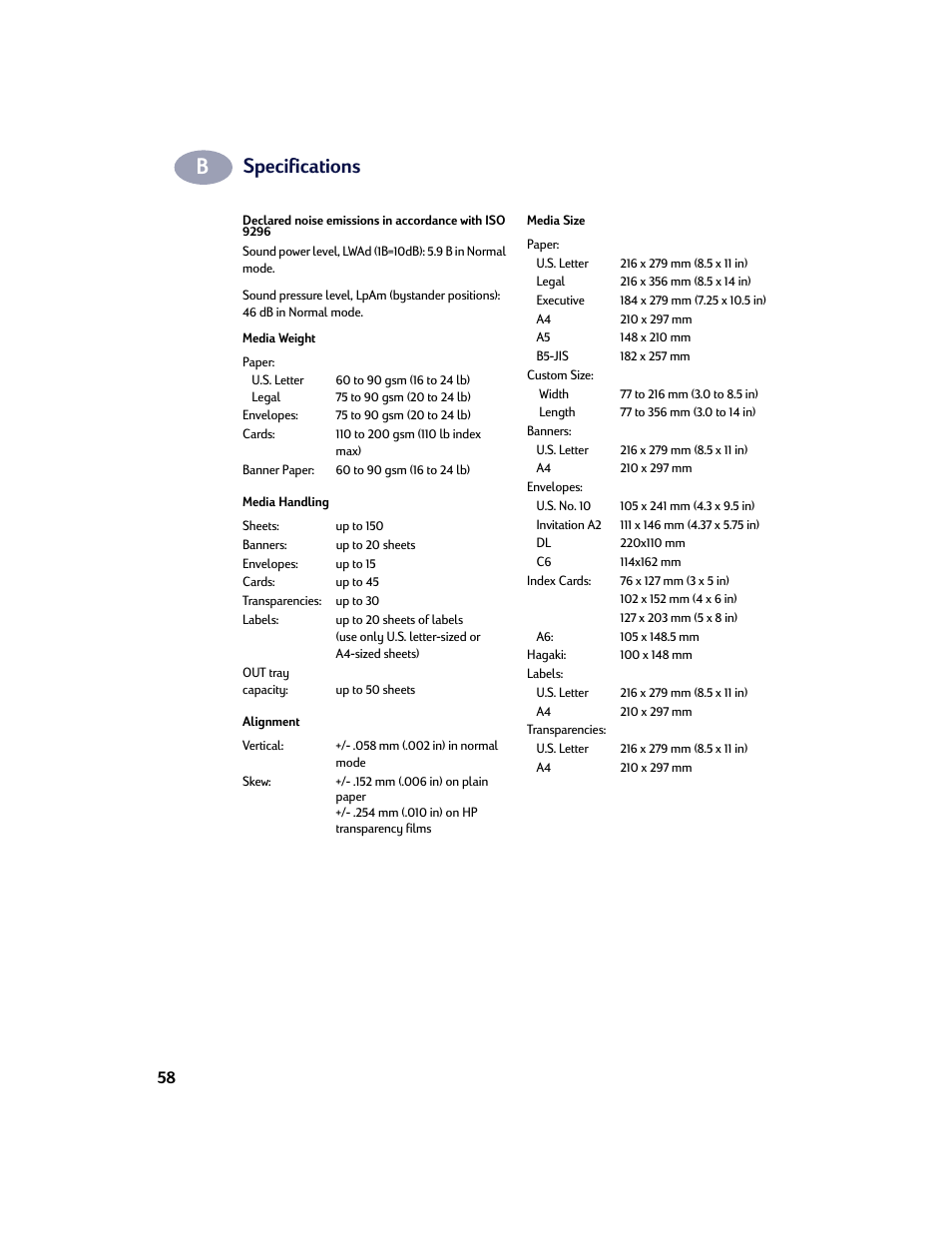 Specifications | HP Deskjet 970cxi Printer User Manual | Page 65 / 74