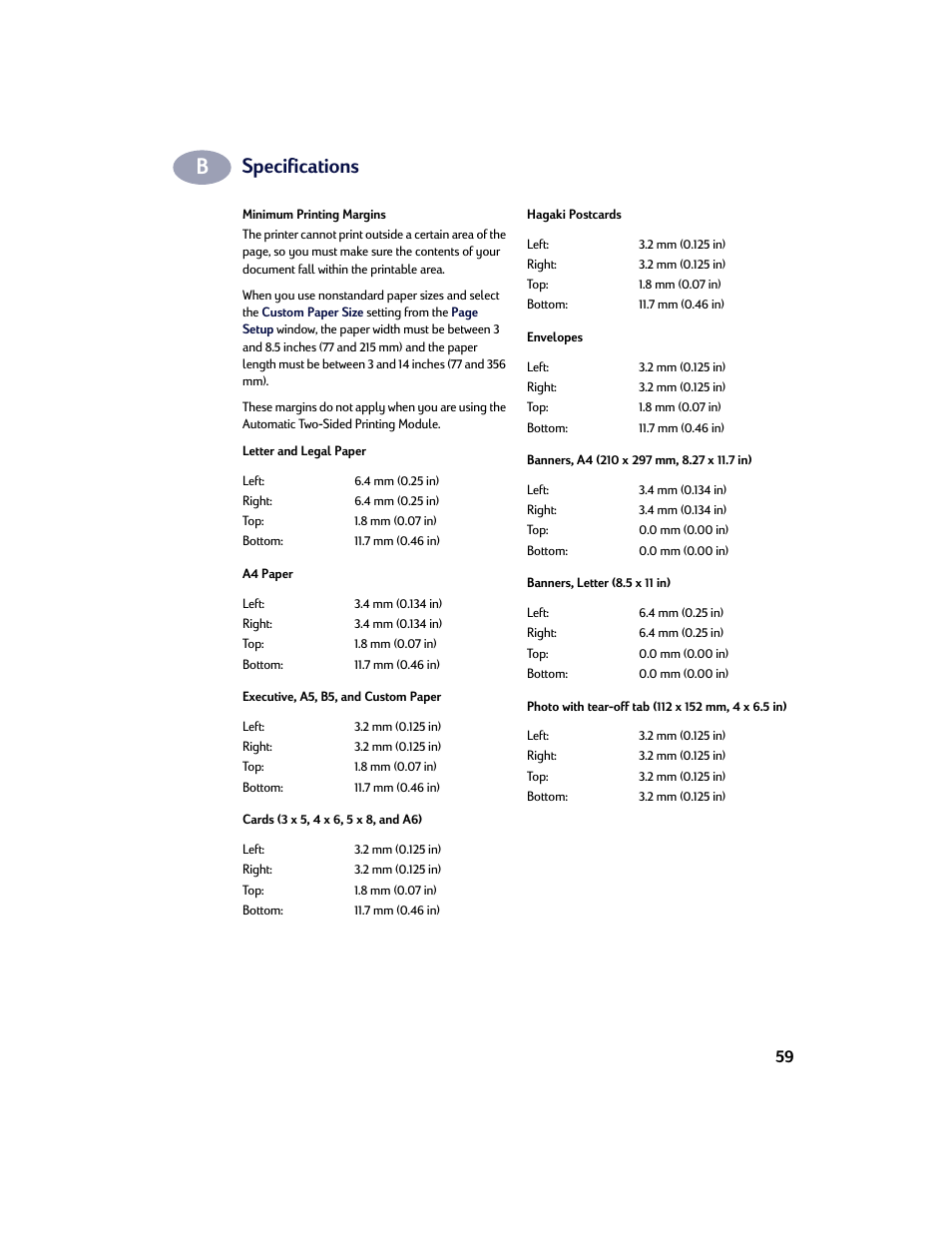Ea. see “minimum printing, Specifications | HP Deskjet 970cxi Printer User Manual | Page 66 / 74