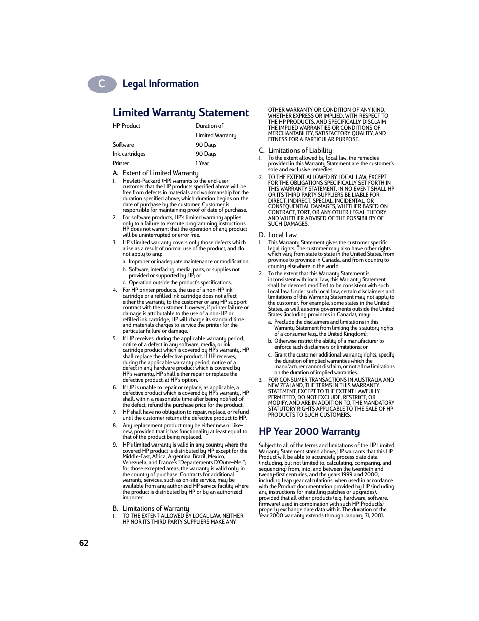 Limited warranty statement, Hp year 2000 warranty, Limited warranty statement hp year 2000 warranty | Legal information | HP Deskjet 970cxi Printer User Manual | Page 69 / 74