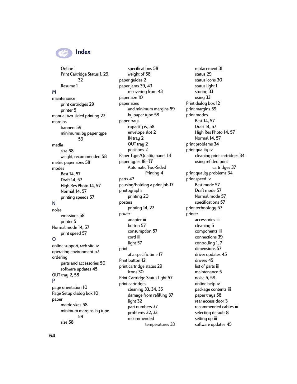 Index | HP Deskjet 970cxi Printer User Manual | Page 71 / 74