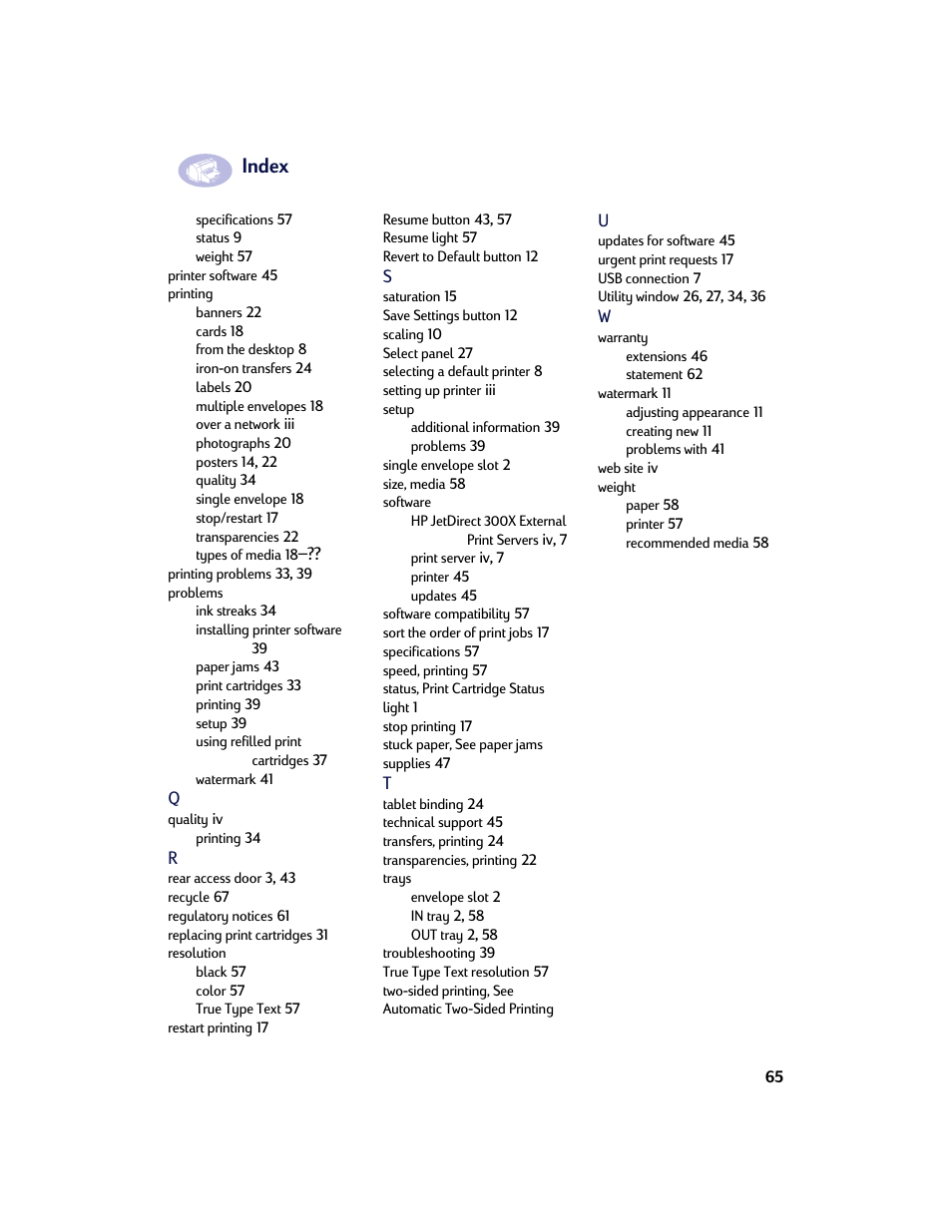 Index | HP Deskjet 970cxi Printer User Manual | Page 72 / 74