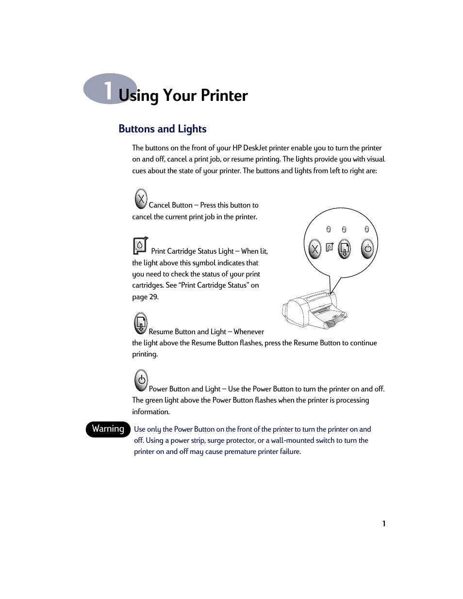 Using your printer, Buttons and lights, Chapter 1 | HP Deskjet 970cxi Printer User Manual | Page 8 / 74